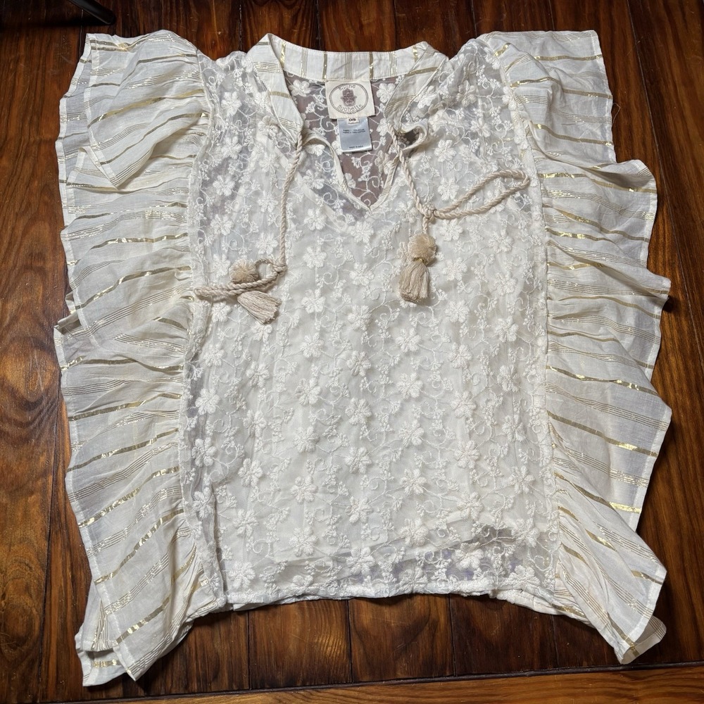 Muche Et Muchette Ivory Gold Lace Floral Ruffle Tassel Kimono Top OS A990